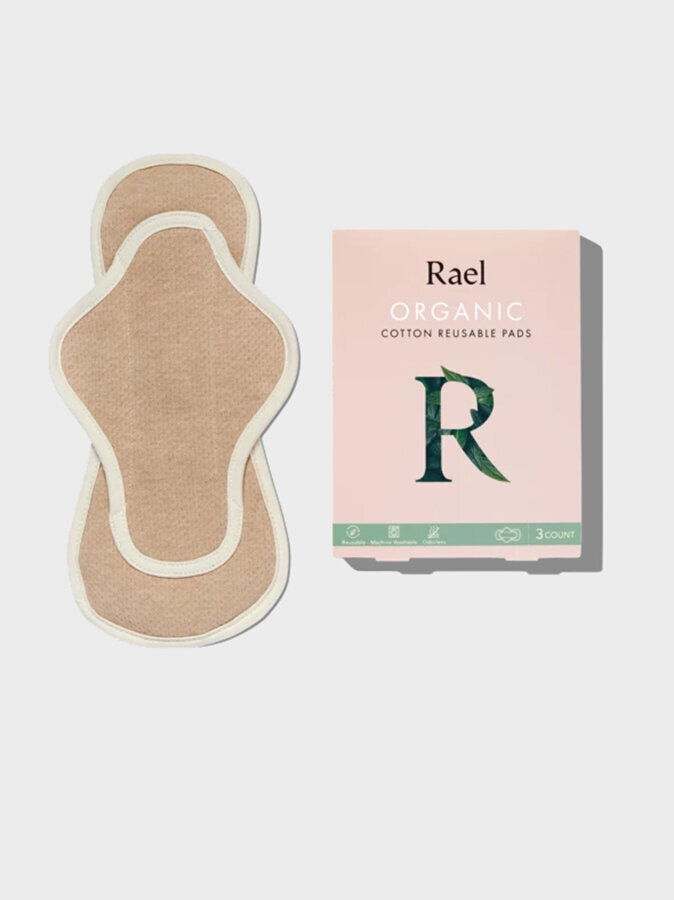 An image of Rael a reusable period pad next to its package.