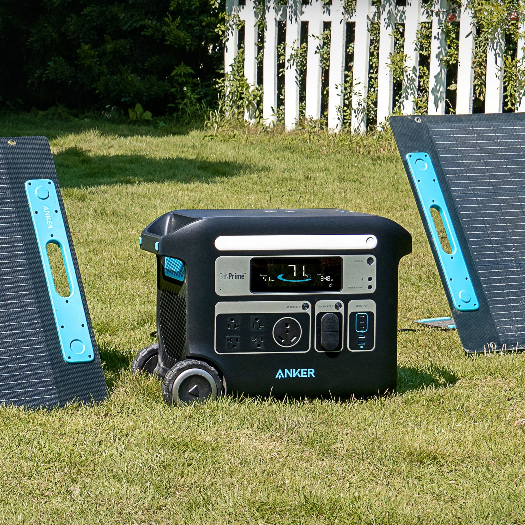 An Anker solar generator in a backyard.